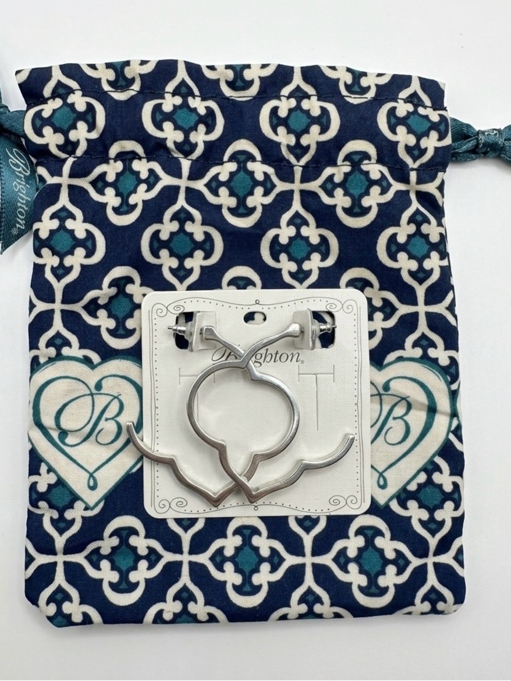 NEW- Brighton Silver Clover Hoop Earrings with Navy & Teal Drawstring Pouch